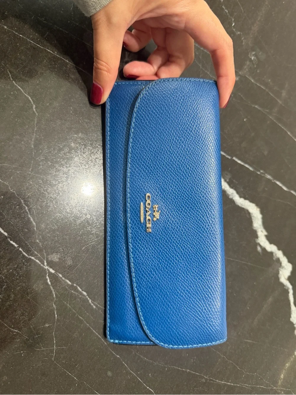 Coach Cobalt Blue Pebbled Leather Continental Wallet with Gold Hardware